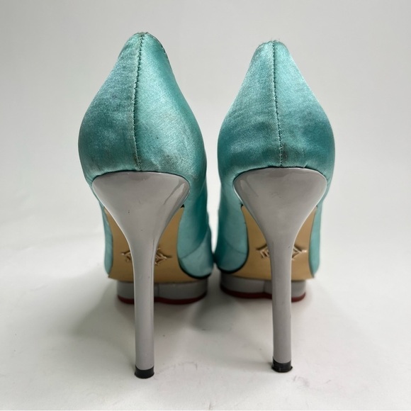 CHARLOTTE OLYMPIA Teal Aquamarine Satin Pointed-Toe Platform Grey Pumps Heels - Picture 2 of 12